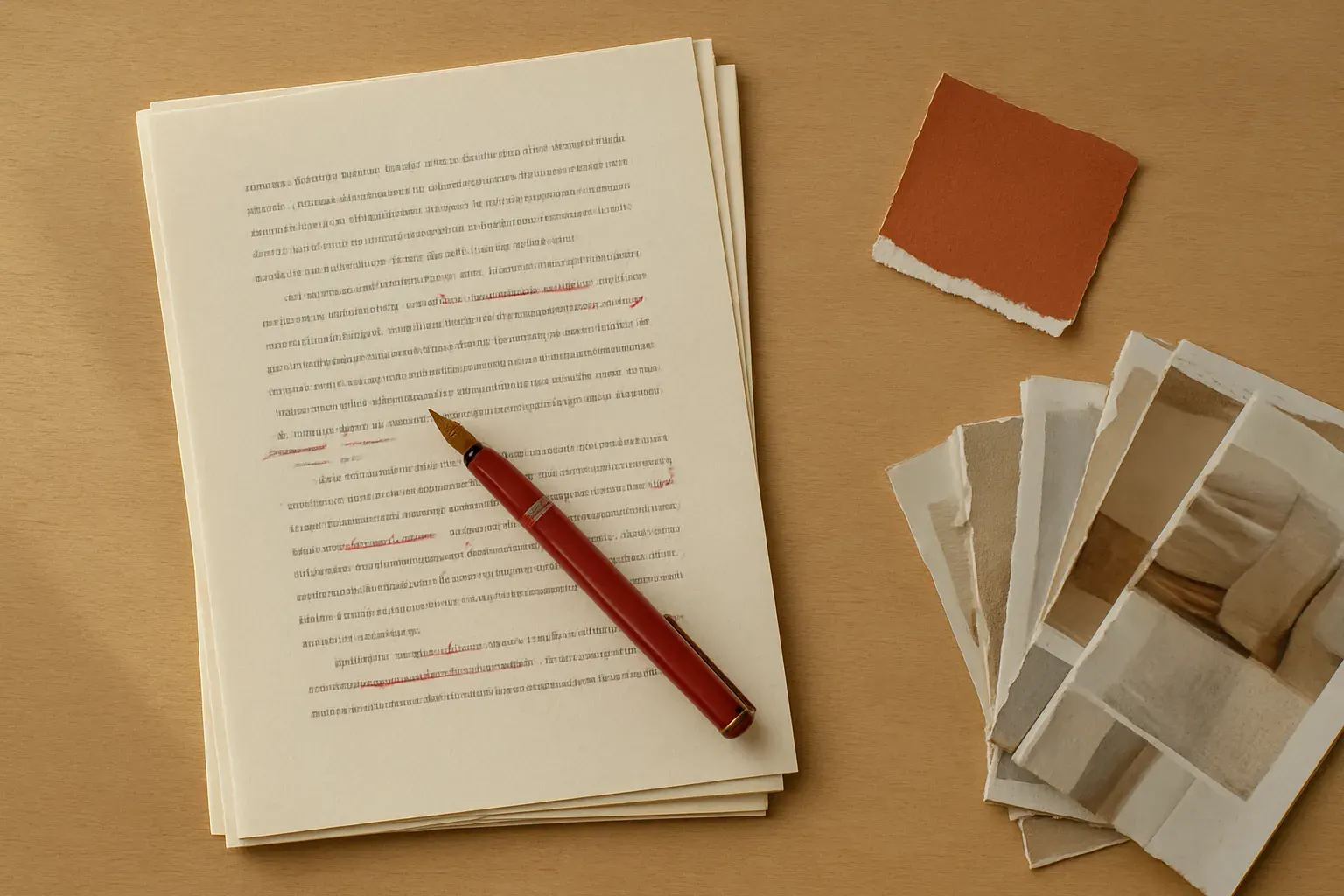 A manuscript-desk flat-lay — the studio's editorial world